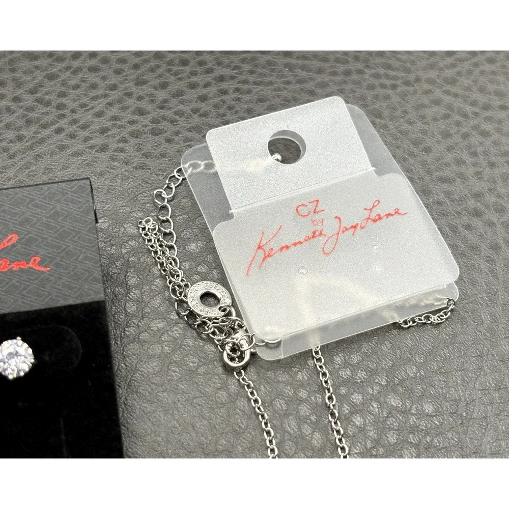 Kenneth Jay Lane CZ Crystal Silver Tone Pendant Necklace & Stud Earrings Set
